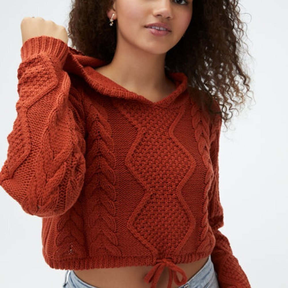 NWT Aeropostale Cropped Sweater Women's Size L Pumpkin Spice Cable Knit Hooded